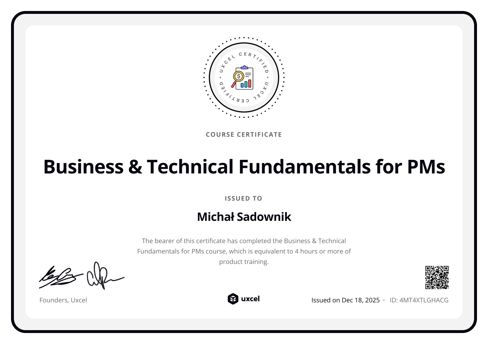 Michał Sadownik's certificate